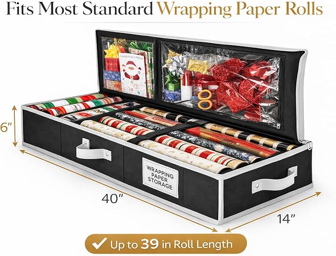 Wrapping Paper Storage Organizer – Under-Bed Gift Wrap & Ribbon Organizer Container (Fits up to 24 Rolls, 40″ × 14″ × 6″) Durable Fabric with Accessory Pockets & Adjustable Dividers