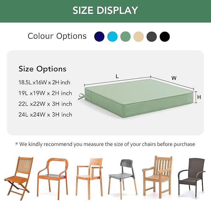 Outdoor Chair Cushions Set of 2: Waterproof & Color Fastness Seat Cushion for Patio Furniture - 22 x 22 x 3 Inch Chair Pads with Ties and Hidden Zipper - Patio Chair Cushion Replacement, Sage Green