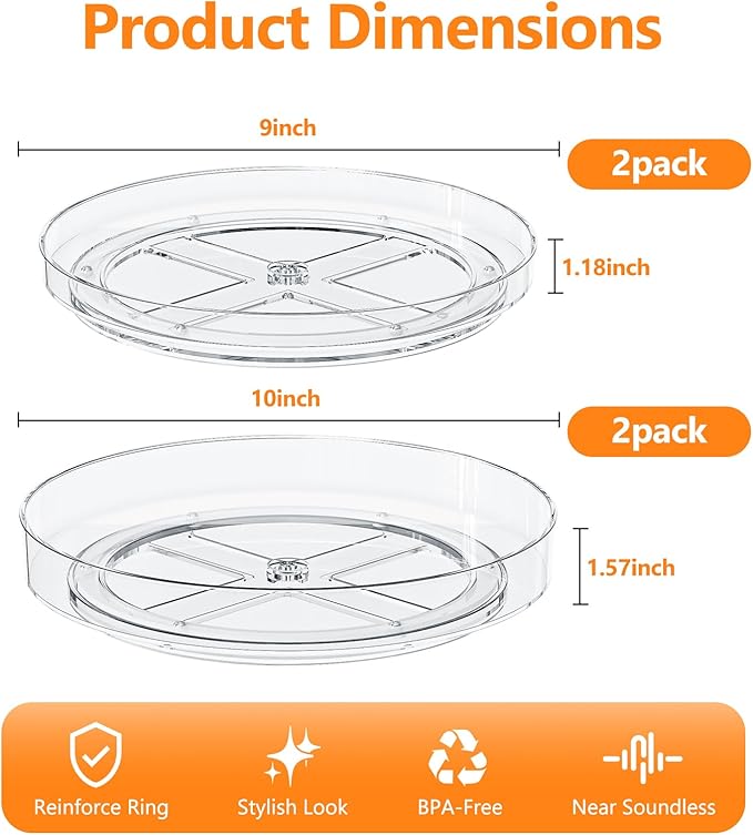4 Pack Clear Lazy Susan, 9+10 Inch Turntable Organizer, Non-Skid Rotating Tray for Cabinet, Kitchen Pantry Organization and Storage, Acrylic Spinner for Refrigerator, Bathroom Vanity and Spice Rack