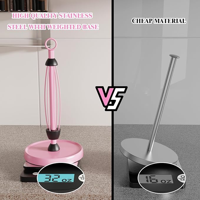 Pink Paper Towel Holder Countertop, Pink Kitchen Accessories Decor, One-Handed Tear, Stainless Steel, Weighted Base, Ring Paper Towel Holder Stand with Ratchet System for Kitchen Farmhouse Essentials