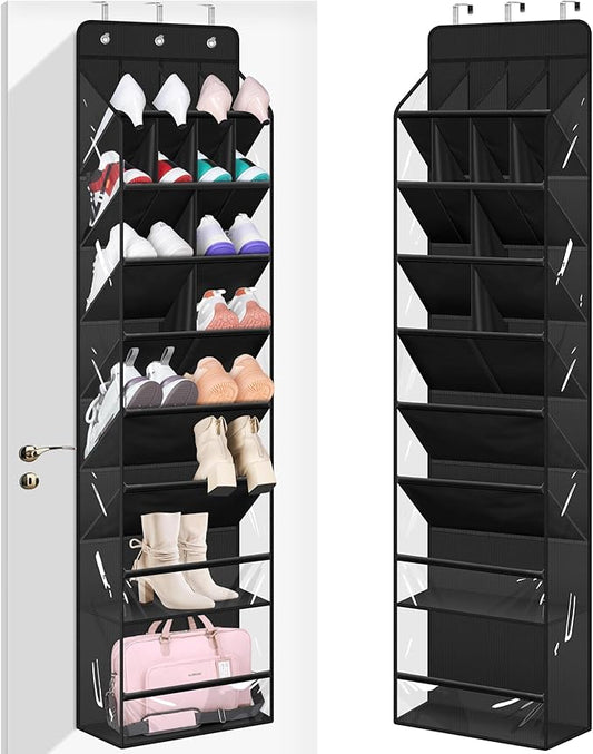 MISSLO Clear Over the Door Shoe Organizer Large Deep Pockets Hanging Shoe Rack for Closet Fit 20 Pairs Shoe Holder for Sneakers Boots Storage, Black