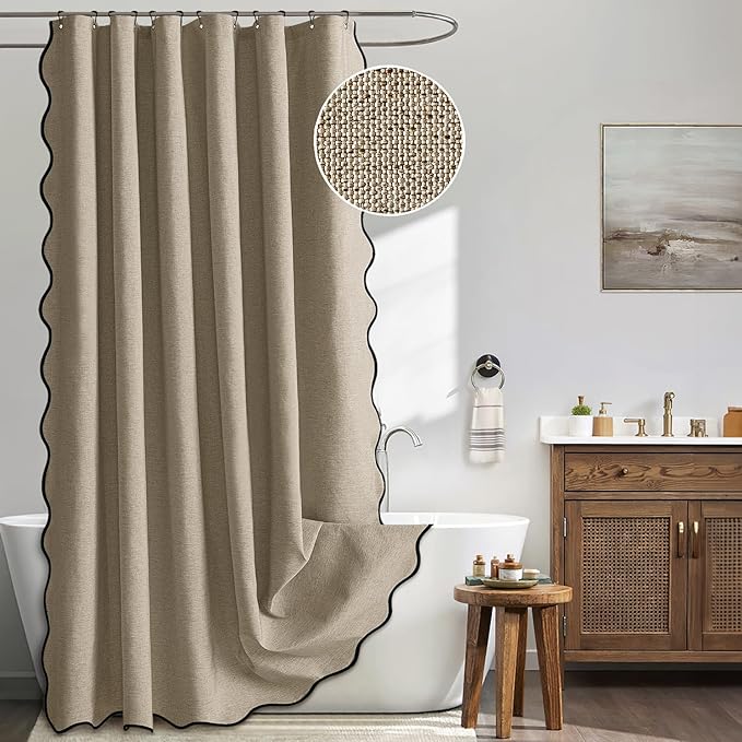 MIULEE Khaki Scalloped Shower Curtain Linen Textured with 12 Metal Hooks Cute Heavy Duty Washable Waterproof Thick Cloth Shower Curtains with Black Border for Bathroom Hotel Bathtub,W72*L72