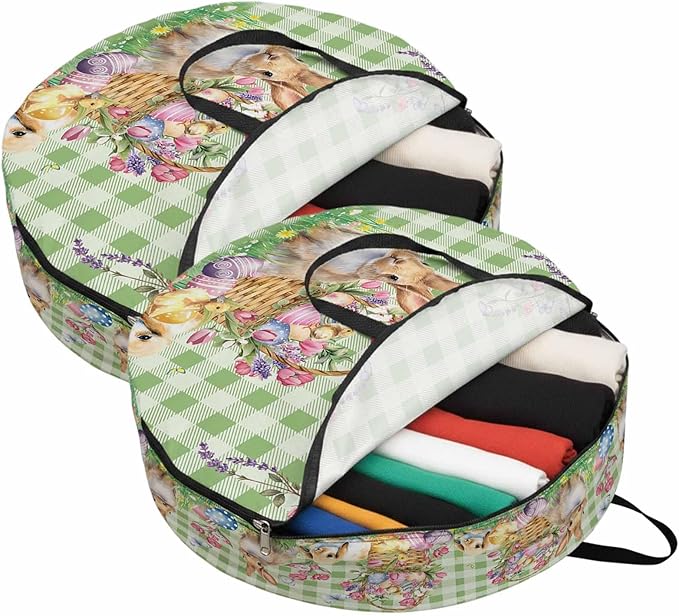 30 Inch Round Storage Bag 2 Pack,Easter Spring Flowers Rabbit and Eggs Waterproof Wreath Storage Container with Handles&Zipper Green and White Buffalo Checker Closet Organizer Bags Garland Box