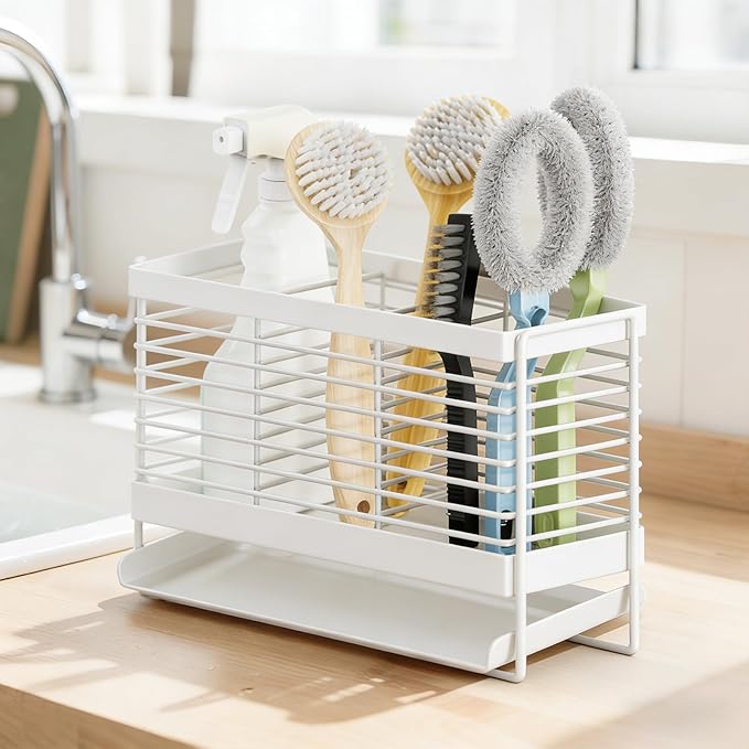 Utensil Holder, Upgrade Stainless Steel Utensil Drying Rack with Automatic Drain Tray for Kitchen Counter, Silverware Cutlery Organizer for Spoons, Forks, Knifes, Chopsticks (White)