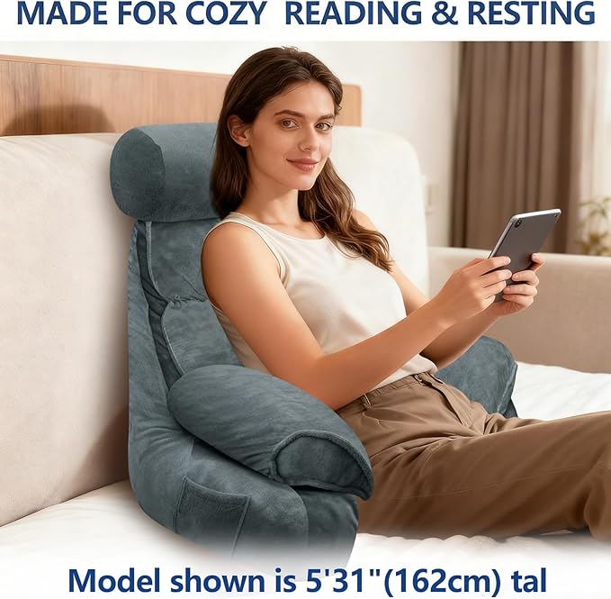 FXXUDVNIIN Back Pillow for Bed Sitting up – with 9.4" Armrest, for Reading, Gaming, Relaxing. Also Serves as tv Pillows for Sitting in Bed, Floor Pillow & Back Support for Adults.