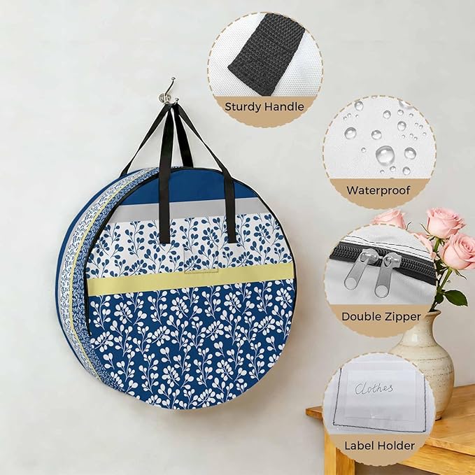 Storage Bag Blue Yellow Leaves Round Storage Totes Bins Closet Organizers with Zippers & Handle Stitching Stripes Clothes Storage Container for Bedroom Dorm Space Saving Packing Supplies Moving Bags
