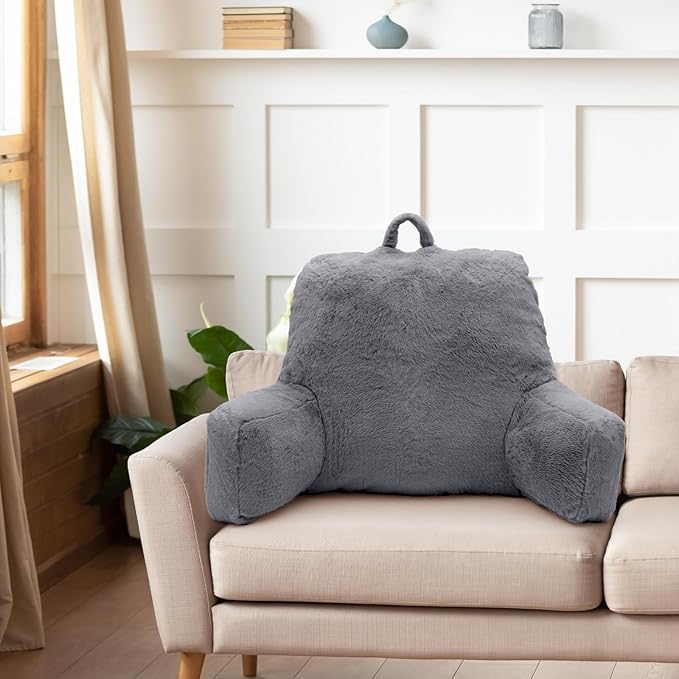Reading Pillow, Back Support Pillow for Bed Sitting Up, Large Bed Rest Pillow with Arms for Adults,Back Support Pillow for Couch and Chair, Grey