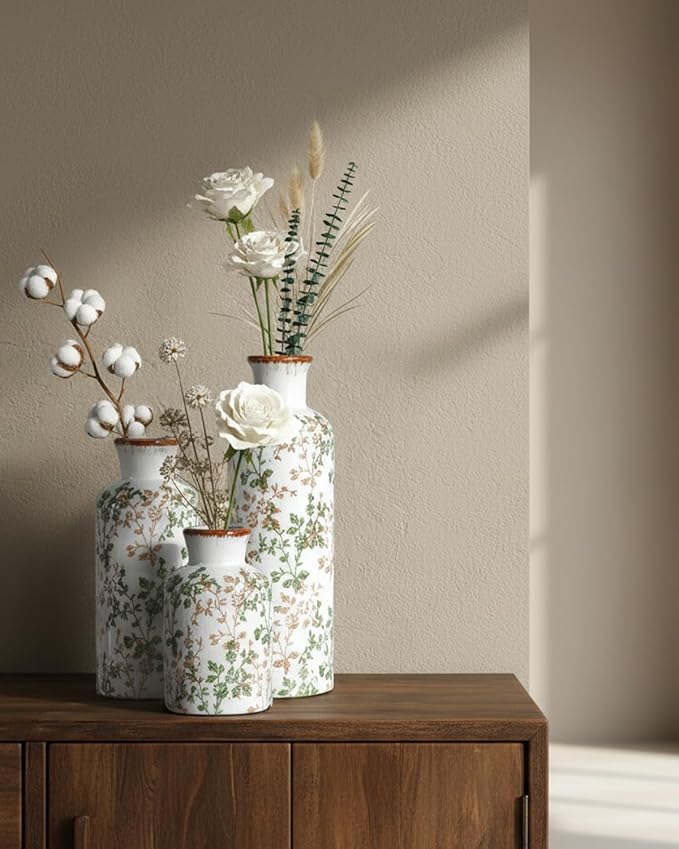 Ceramic Vase Set of 3, Vintage Ceramic Flower Vases, Crackle-Glaze & Distressed Rim, Brown & Green Botanical Pattern, for Home Decor, Living Room Mantel & Dining Table Centerpiece