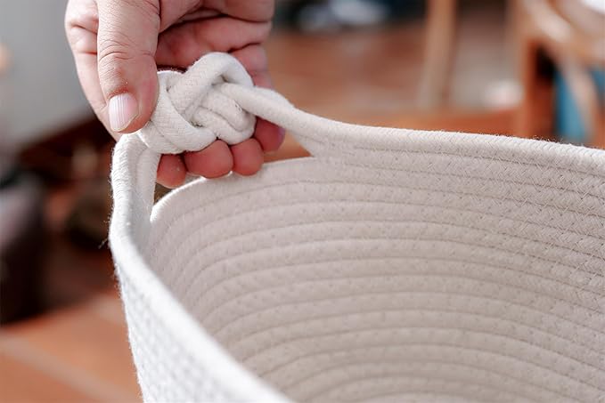 FKOG Personalized Cotton Rope Storage Basket, Handmade Baby Nursery Organizer with Custom Name, Baby Show Gift Basket, Newborn Baby Baptism Gift (White rectangle basket)