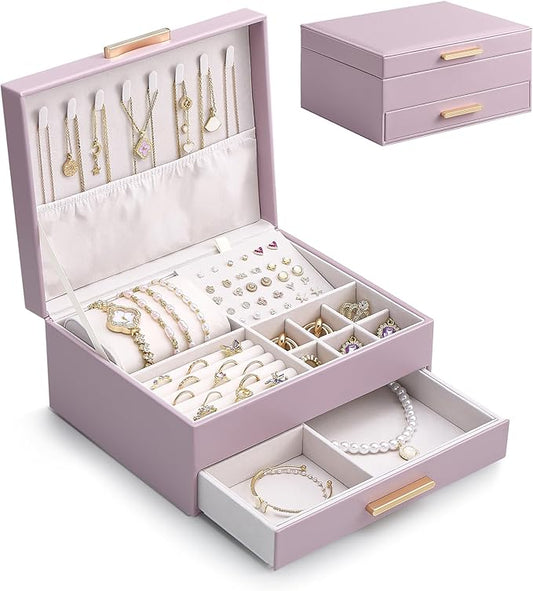 Lolalet 2-Layer Jewelry Box Organizer for Women Girls, Jewelry Storage Case Holder with Drawers for Necklaces Ring Earrings Bracelet Watch, Gifts Choice for Mom Mother’s Day -Purple