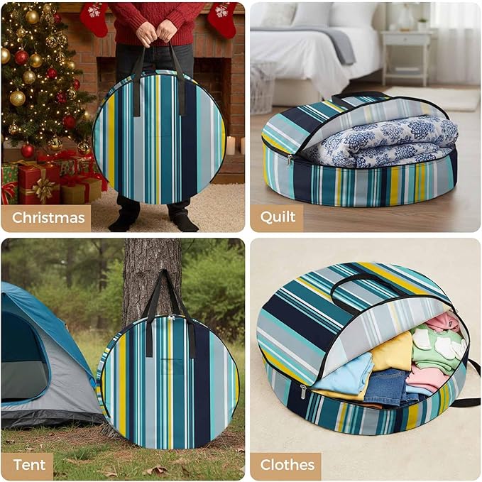Storage Bag Blue Stripes Round Storage Totes Bins Closet Organizers with Zippers & Handle Boho Style Lines Striped Clothes Storage Container for Bedroom Dorm Space Saving Packing Supplies Moving Bags