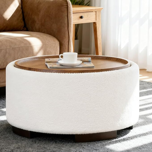 29.5 Inch Round Storage Ottoman Coffee Table,Modern Circle Coffee Table with Storage with Removable Lid Top and Solid Wood Legs,Large Round Ottoman for Bedroom,Living Room,Teddy Fleece,Beige