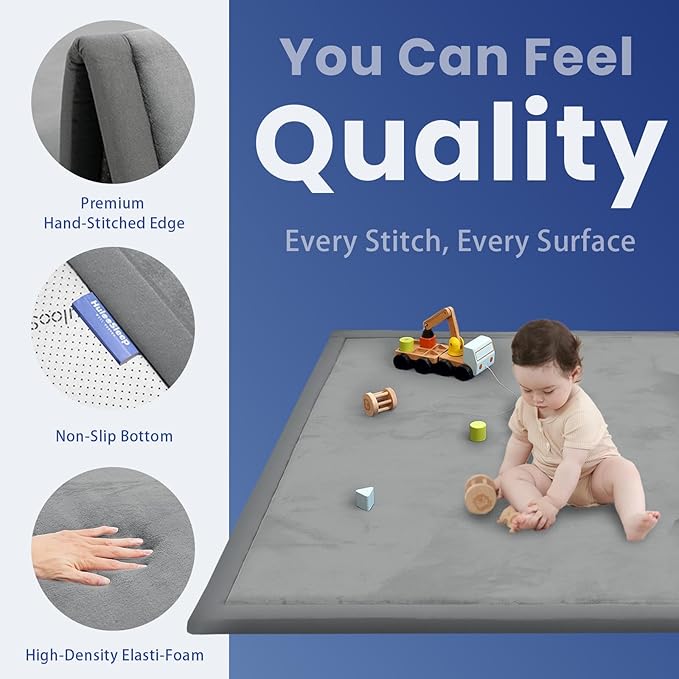 Large 79"x110" Baby Activity Play Mat for Floor,1.3" Thick Elasti Foam Cushion Mat for Tummy Time & Crawling,Non-Slip&Safe for Infants,Toddlers & Kids, for Living Room,Classroom & Playroom (Dark Gray)