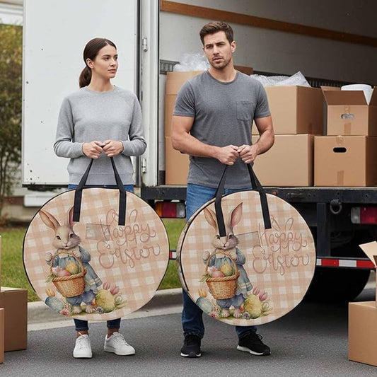 24 Inch Round Storage Bag 2 Pack,Easter Cartoon Rabbit Eggs Basket Waterproof Wreath Storage Container with Handles&Zipper Flower Orange Grid on Linen Closet Organizer Bags Garland Box