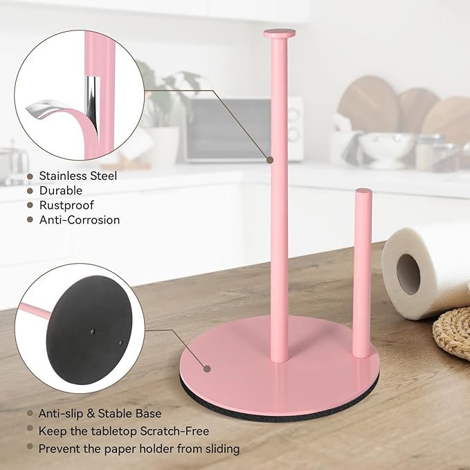 Paper Towel Holder Pink, Paper Towel Holder Countertop with Anti Slip Weighted Base, Stainless Steel Freestanding Paper Towel Holders for Kitchen