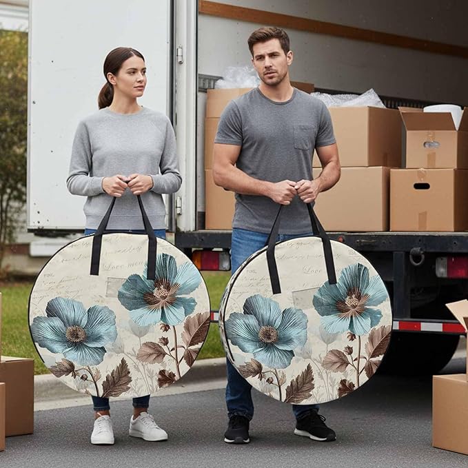 Victorian Style Round Storage Bag 30 Inch, Blue Retro Poppy Flower Plant Clothes Storage Container with Handles Heavy Duty Organizer for Comforter, Bedding & Holiday Wreaths