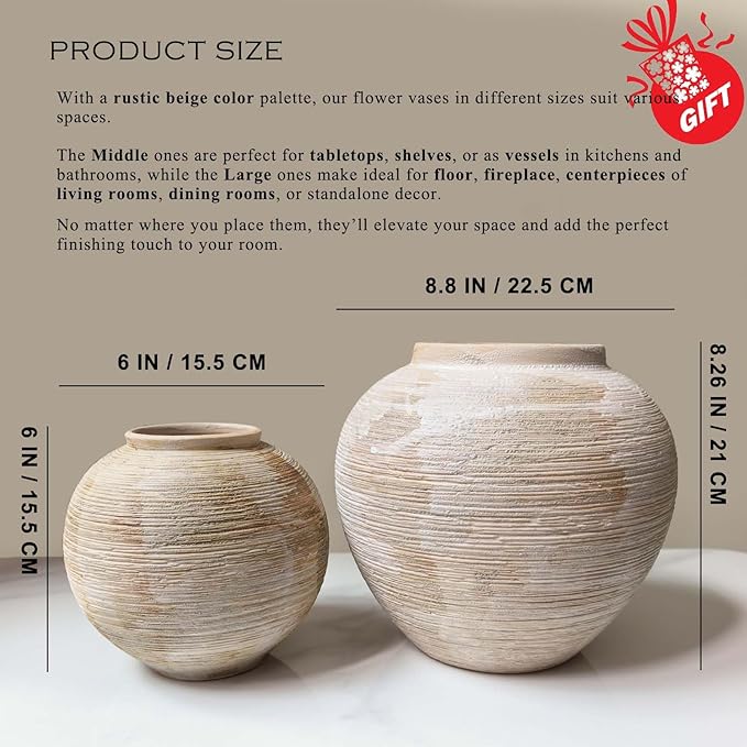 Large Rustic Ribbed Vase Home Decor - 8.8 in Ceramic Vintage Farmhouse Vases for Decor, Decorative Terracotta Round Bowl vase for Living Room, Table, Shelf, Kichen Décor