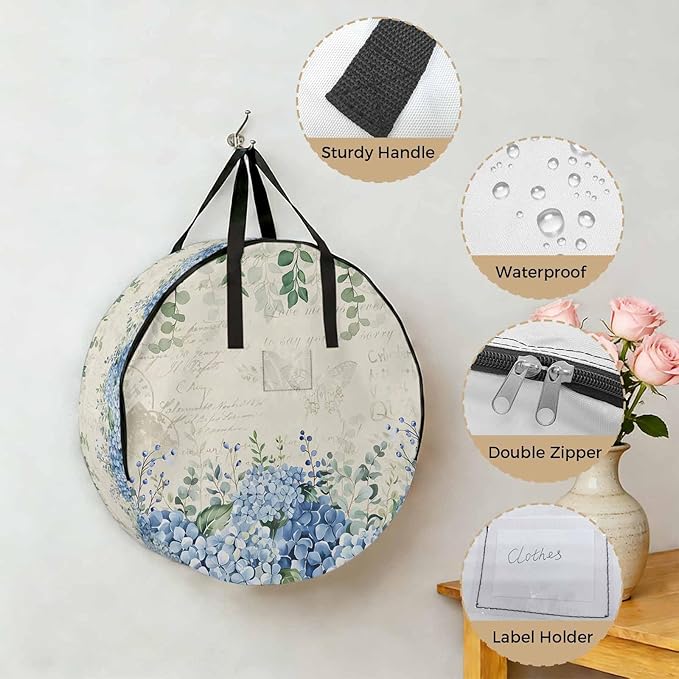 Storage Bag Blue Hydrangea Round Storage Totes Bins Closet Organizers with Zippers & Handle Green Eucalyptus Leaves Vintage Clothes Storage Container for Bedroom Dorm Space Saving Packing Supplies