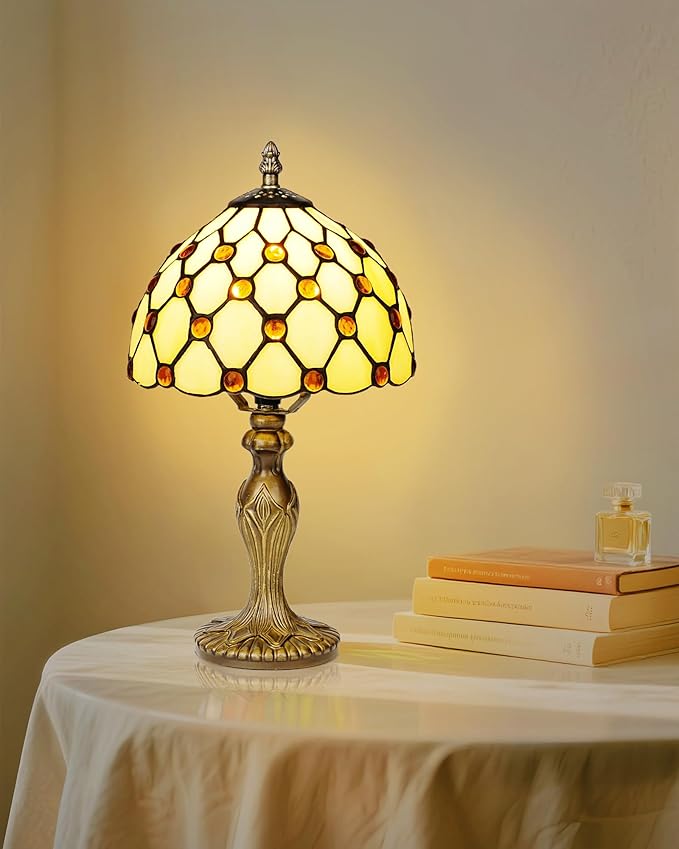 Tiffany Style Table Lamp with LED Bulb, 8 Inch Handmade Stained Glass Light, Antique Desk & Bedside Lamp for Living Room, Bedroom, Office (Yellow Beads)