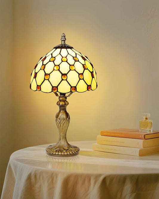 Tiffany Style Table Lamp with LED Bulb, 8 Inch Handmade Stained Glass Light, Antique Desk & Bedside Lamp for Living Room, Bedroom, Office (Yellow Beads)