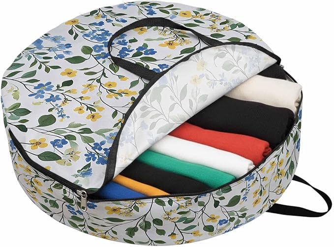 Spring Wildflower Round Storage Bag 24 Inch, Blue Yellow Floral Watercolor Leaf Plant Clothes Storage Container with Handles Heavy Duty Organizer for Comforter, Bedding & Holiday Wreaths