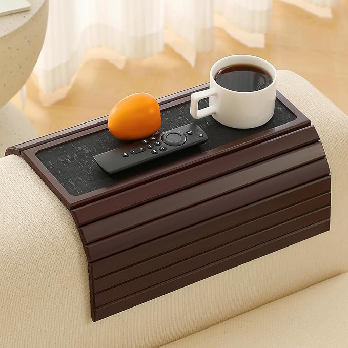 Bamboo Couch Arm Tray Table with Anti-Slip Cork Pad，Foldable Sofa Armrest Tray Table for Couch，Flexible Couch Arm Cup Holder，Portable Sofa Arm Chair Table for Drink, Snacks, Phone, Remote (Mahogany)