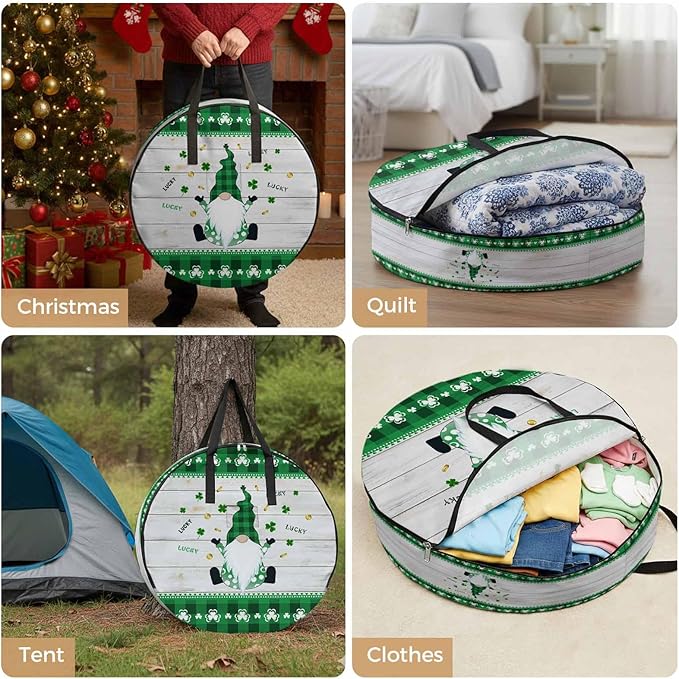 30 Inch Round Storage Bag 1 Pack,St. Patrick Irish Gnomes Wood Board Coin Waterproof Wreath Storage Container with Handles&Zipper Buffalo Tartan Closet Organizer Bags Garland Box