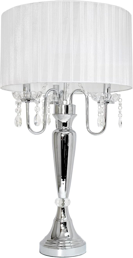 Elegant Designs LT1034-WHT Trendy Sheer Table Lamp with Hanging Crystals and Sheer Shade, White