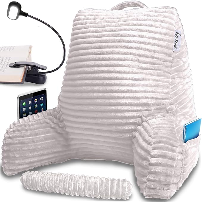 Homie Reading Pillow with Reading Light and Wrist Support, Has Arm Rests, and Back Support for Bed Rest, Lounging, Reading, Working on Laptop, Watching TV (White)