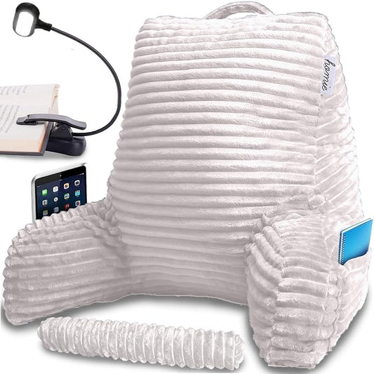 Homie Reading Pillow with Reading Light and Wrist Support, Has Arm Rests, and Back Support for Bed Rest, Lounging, Reading, Working on Laptop, Watching TV (White)