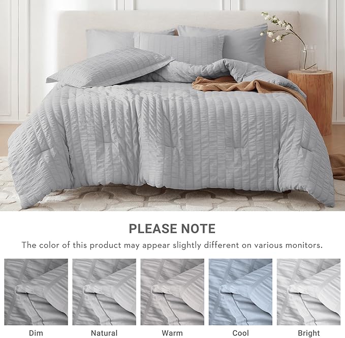 MUXHOMO 5 Pieces Twin XL Comforter Set, Seersucker Bed in a Bag Twin XL Size, All Season Luxury Bedding Set with Comforter, Flat Sheet, Fitted Sheet, Pillowcase & Sham, Light Grey