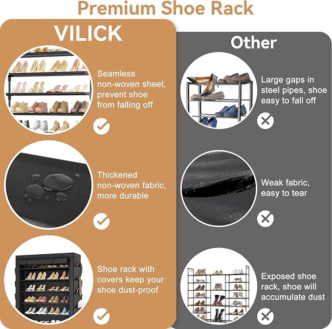 VILICK Shoe Rack with Cover, 8 Tier Tall Shoe Organizer Storage for 36-45 Pair Shoes and Boots Large Shoe Storage Shelf Free Standing Shoe Rack for Closet, Front Door Entrance, Dorm, Garage