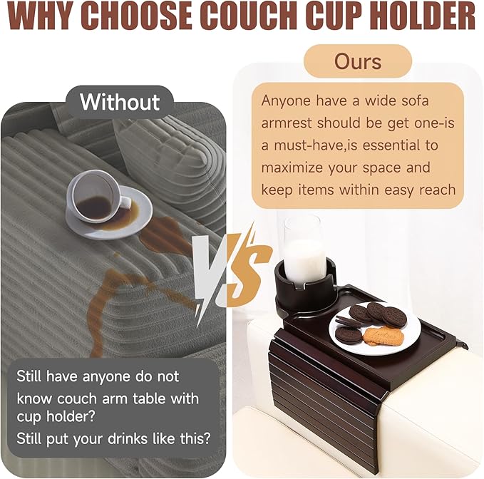 SINWANT Couch Cup Holder Tray, 2 in 1 Bamboo Couch Armrest Table Clip on Sofa Armrest Table,Foldable Anti Silp Arm Rest Side Tray for Drink Coffee Mug, Snacks, Remote
