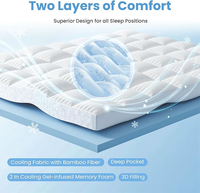 DUMOS Dual Layer 4 Inch Twin Mattress Topper, Memory Foam Mattress Topper - 2 Inch Gel Memory Foam and 2 Inch Pillow Top Mattress Pad Cover for Back Pain, Thick Soft Topper with 8-16 Inch Deep Pocket