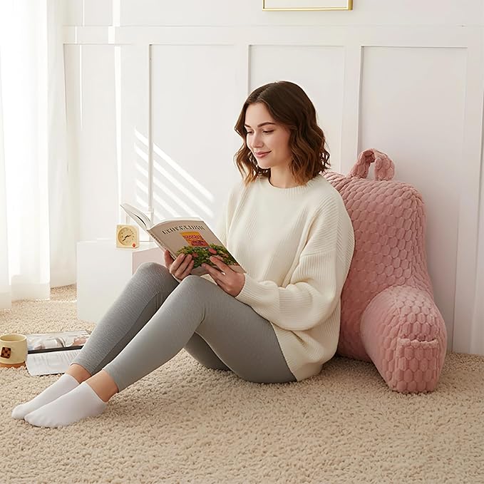 Yaoshuho Fluffy Reading Pillow for Sitting in Bed, Large Backrest Bed Pillow with Arms, Back Support Pillow for Lounging Bedrest, Old Pink