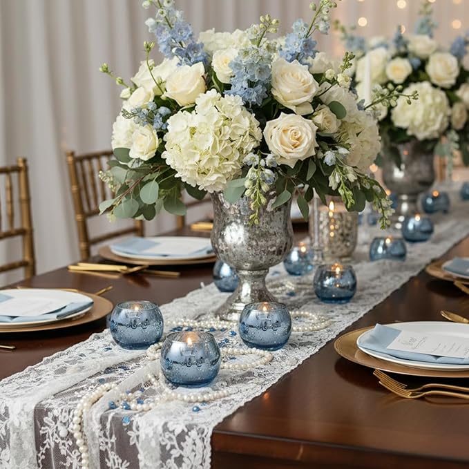 LAMORGIFT 12 Pcs Blue Votive Candle Holders- Blue Centerpieces for Tables, Round Mercury Glass Candle Holder for Bridal Shower Decorations, Wedding Decor