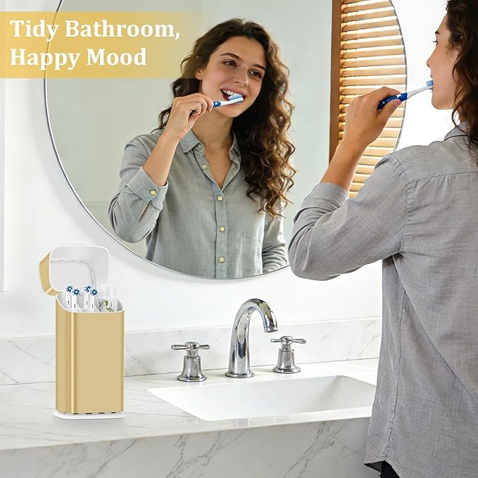 GFWARE Gold Electric Toothbrush Holders - Covered Toothbrush Holder for Bathrooms with Drainage, Dust Proof Toothbrush Holder with Lid, Bathroom Toothbrush Organizer