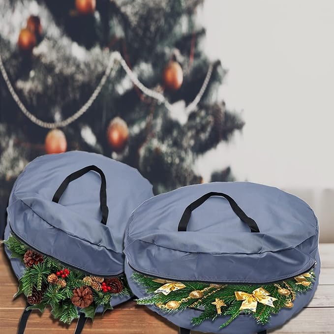2pcs Christmas Wreath Storage Bag 36in, Garland Wreaths Container Water Resistant Holder with Front Dual Zippered & Reinforced Handle, Moving Totes, Under The Bed Garage Storage