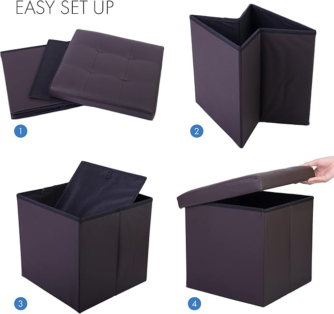 LotFancy Storage Ottoman Cube, Brown Foot Stool Ottoman,13x12x12 inch Square Ottoman with Lid, Faux Leather Seat for Dorm