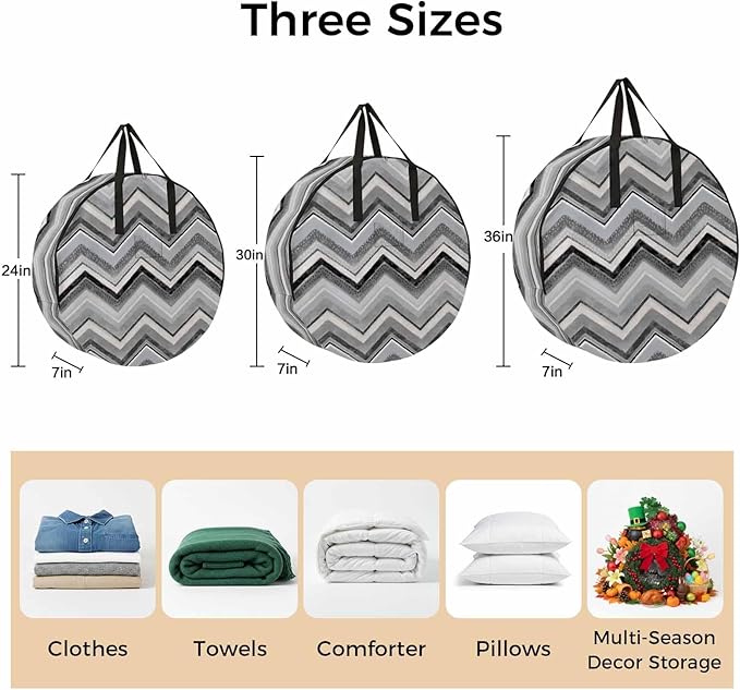 Storage Bag Grey Chevron Round Storage Totes Bins Closet Organizers with Zippers & Handle Geometric Design Stripe Clothes Storage Container for Bedroom Dorm Space Saving Packing Supplies Moving Bags