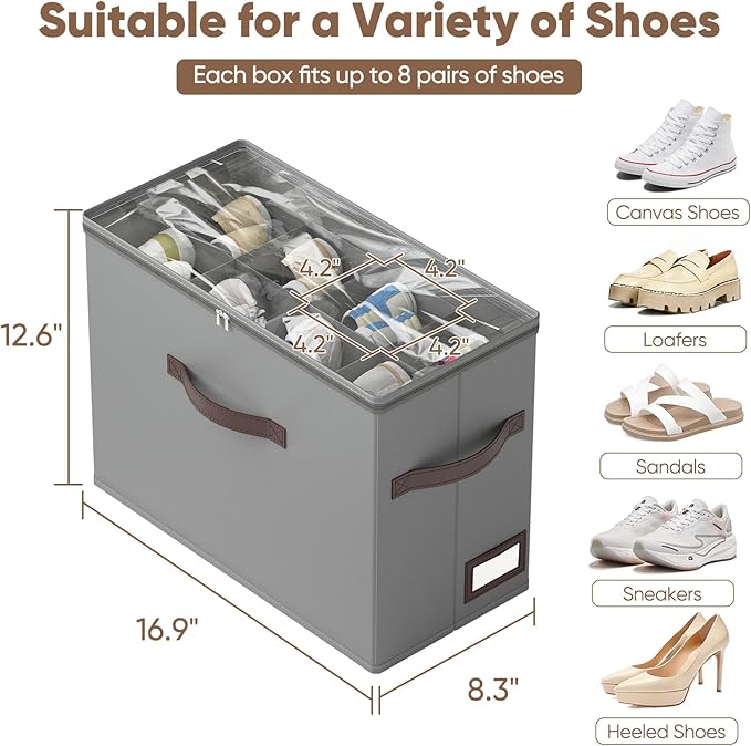 OIAHOMY 4 Pack Shoe Organizer for Closet, Foldable Shoe Storage Bins with Adjustable Dividers, Stackable Oxford Cloth Sneaker Boxes for Entryway Bedroom, Fits Up to 32 Pairs, Grey