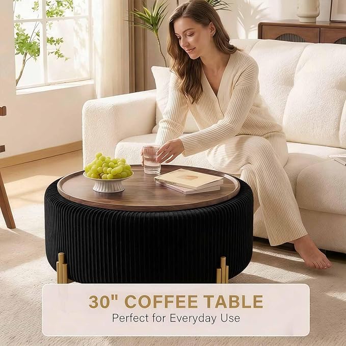 30'' Round Storage Ottoman Coffee Table, Modern Velvet Upholstered Ottoman with Lid and Metal Legs for Living Room, Bedroom (Black)