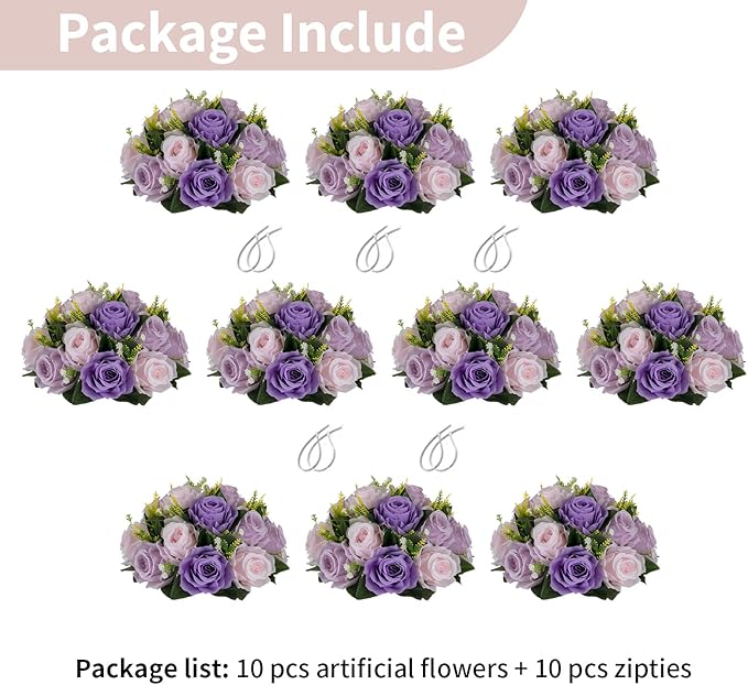 NUPTIO Artificial Flower Ball Centerpieces: 10 Pcs Lilac & Purple & Pink Rose Arrangements for Wedding Party Tables - Faux Silk Floral DIY Kissing Balls for Home Event Dining Decorations