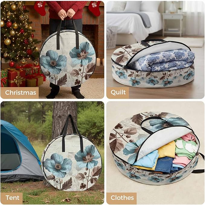 Victorian Style Round Storage Bag 24 Inch, Blue Retro Poppy Flower Plant Clothes Storage Container with Handles Heavy Duty Organizer for Comforter, Bedding & Holiday Wreaths