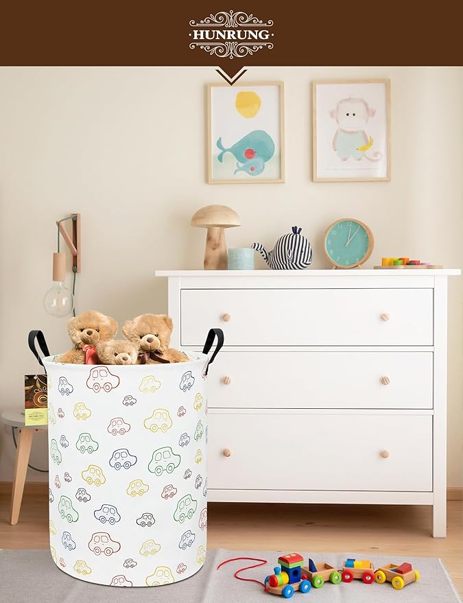 HUNRUNG Collapsible Fabric Storage Basket, Waterproof Laundry Hamper with Handles, Round Storage Bin for Clothes Toys, Foldable Organizer for Bedroom Nursery Bathroom(Round-Colorful Car)