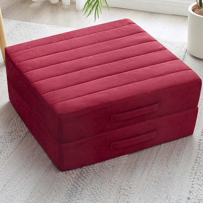 JKMAX 2 Pcs High Density Foam Floor Pillow - Upgraded Large Pillows Seating for Adults - Outdoor Floor Cushion with Soft Tufted Cover - Yoga Pillows for Sitting On Floor - 22 Inch Burgundy