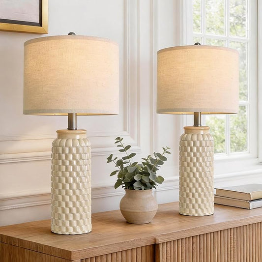 USumkky 24" Modern Ceramic Bedside Lamp Set of 2 for Bedroom Decor Farmhouse Table Lamp for Living Room Office Dorm