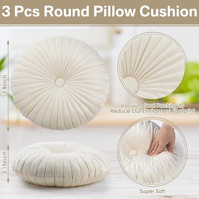 Namalu 3 Pcs Round Throw Pillow 13.8 Inch Decorative Round Velvet Floor Pillows Pumpkin Throw Pillows with Center Button for Thanksgiving Home Decor Living Room Sofa Couch Bed Chair (Beige)