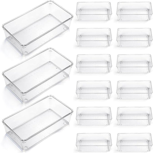 Maitys 12 Pcs Clear Drawer Organizer 9 x 6 x 2 Inches Plastic Rectangle Trays Makeup Vanity Storage Bins and Kitchen Drawers Dividers for Office Desk Silverware Kitchen Utensils