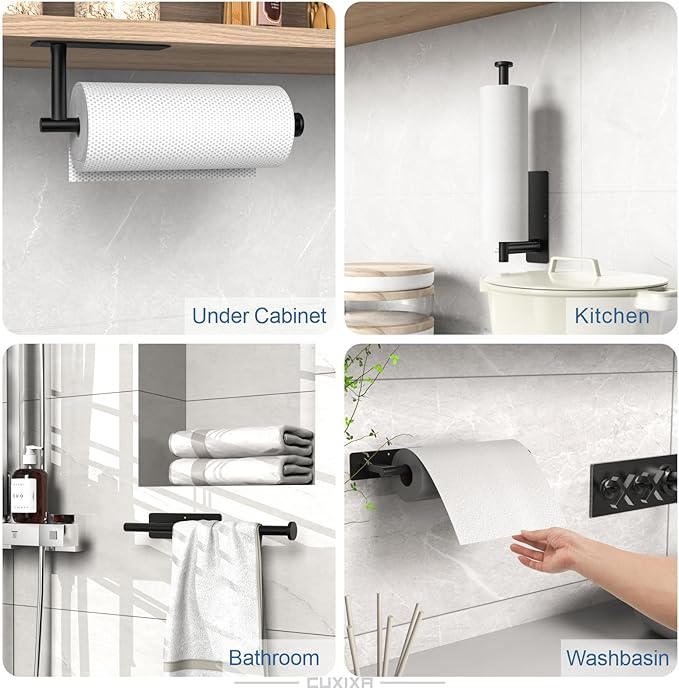 CUXIXA Paper Towel Holder Under Cabinet 2 Pack, Under Counter Paper Towel Holder Wall Mount with Self Adhesive and Screws for Kitchen, Bathroom, RV(Stainless Steel, Black)